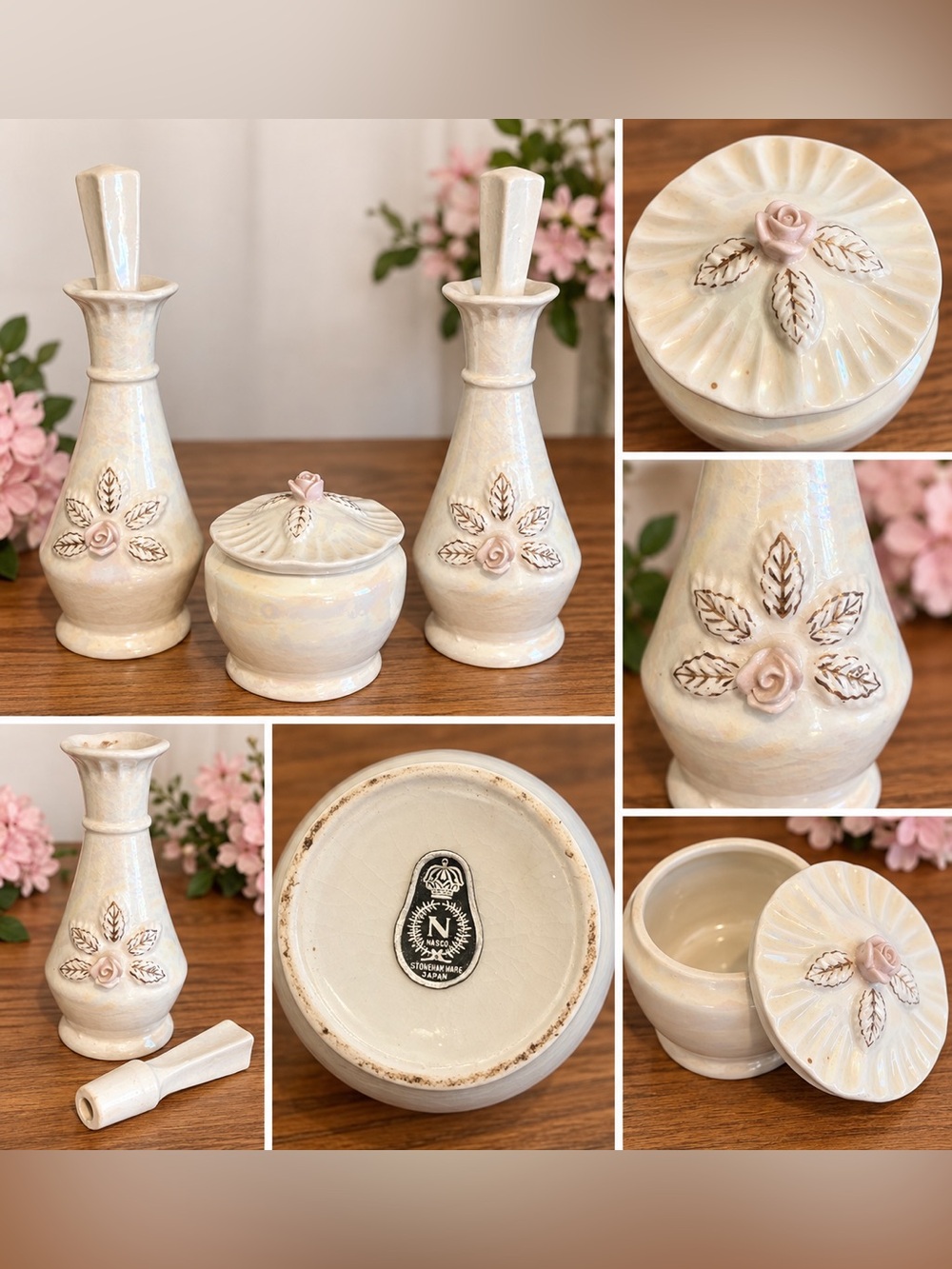 Vintage NASCO Stoneham Ware Japan 3-Piece Iridescent Rose Vanity Set
